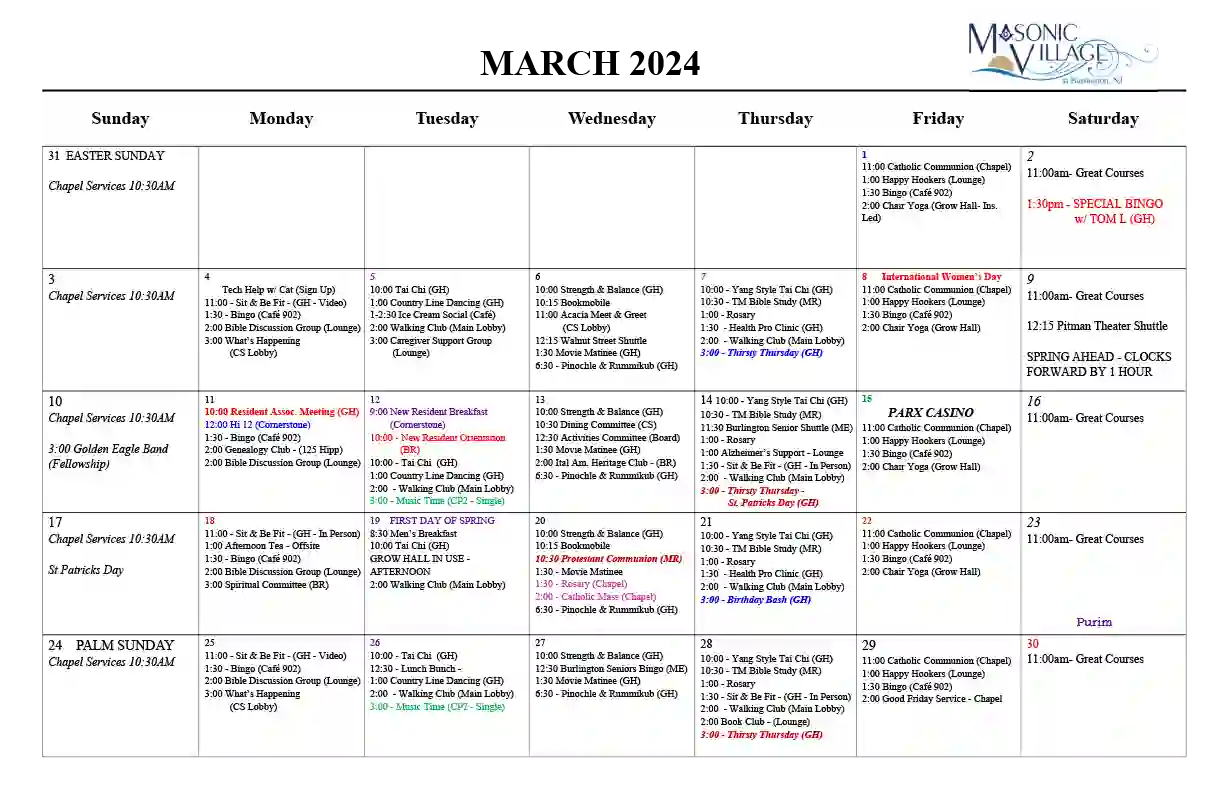 Monthly Event Calendar – Masonic Village at Burlington