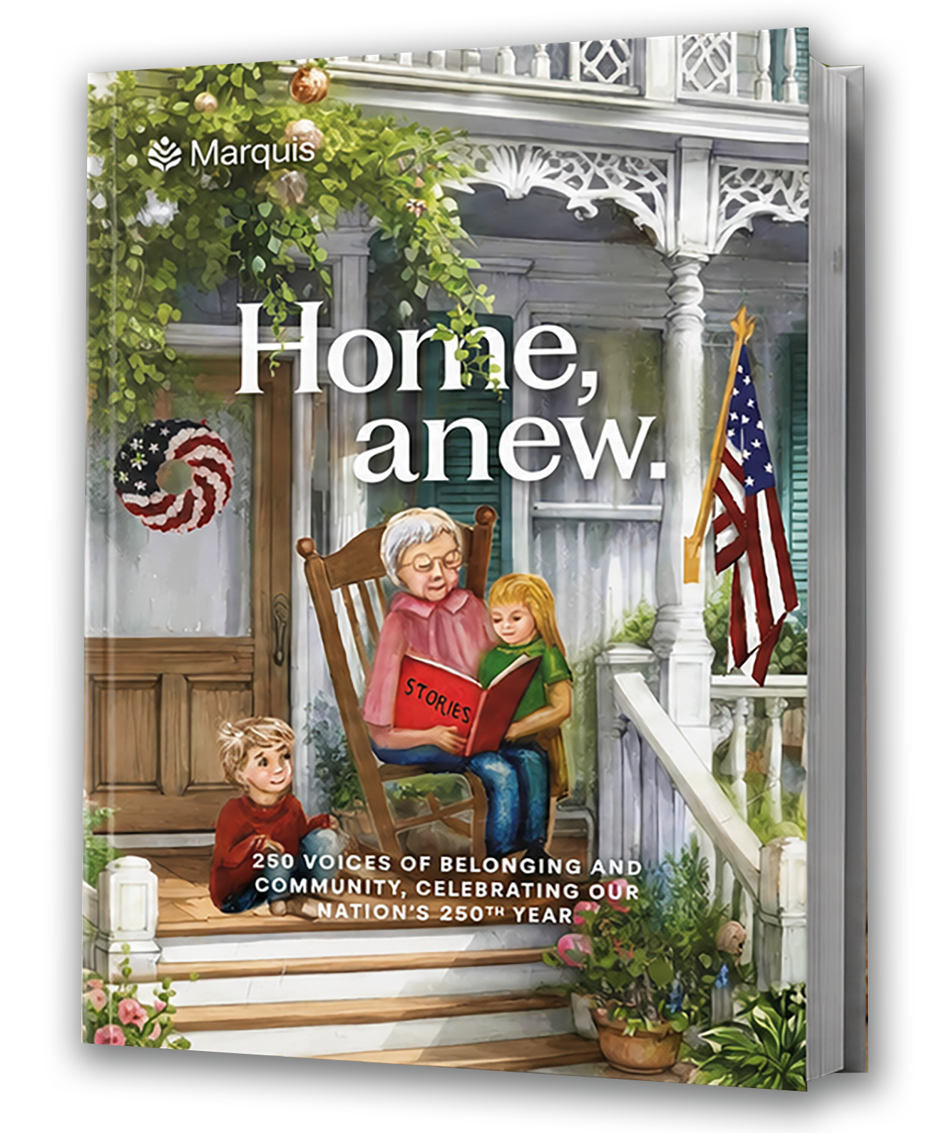 Home, anew book cover of a grandparent reading to small children