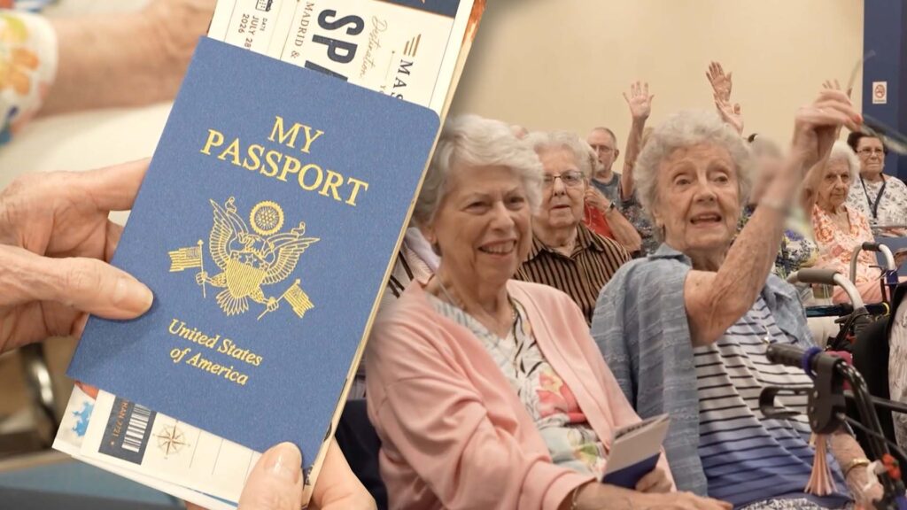 Seniors at a presentation with an overlay of a Passport